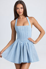 Darcey-Halterneck Corset Micro Mini Dress in Light Blue Stonewash