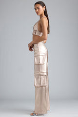 Riley-Metallic Denim Cargo Trousers in Champagne