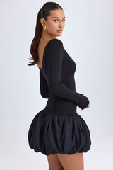 Delphi-Scoop-Neck Drop-Waist Bubble Hem Mini Dress in Black