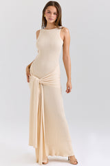 Akaia-Champagne Draped Silky Knit Maxi Dress