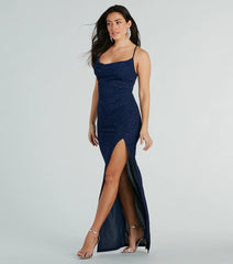 Amirah Formal Glitter Cowl Neck Column Dress-BLUE