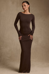 Regine-Modal Ruched Backless Maxi Dress in Chocolate Brown