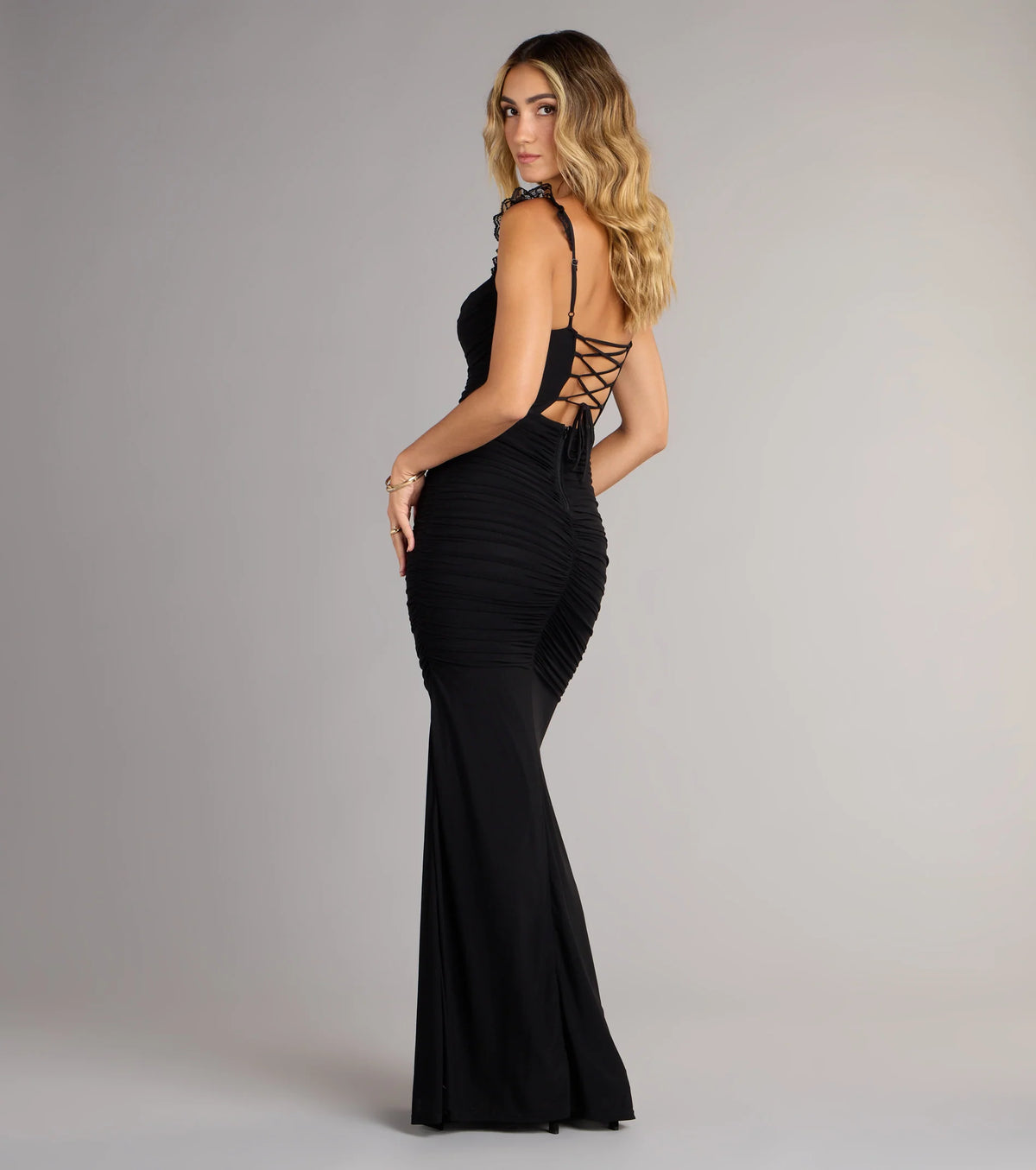 Morgana Lace-Up Ruched Mermaid Dress-BLACK