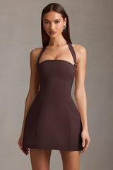 Odessa-Pinstripe Halterneck Structured A-Line Mini Dress in Chocolate Brown