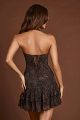 Costanza-Embellished Halterneck A-line Mini Dress in Snake Hotfix