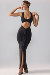 Calluna-Slinky Jersey Cut Out Ruffle Racerback Maxi Dress in Black