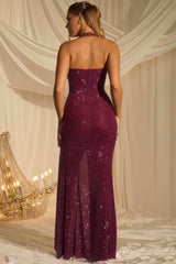 Sansel-Embellished Halterneck Gown in Plum