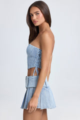 Devora-Belted Pleated Low-Rise Micro Mini Skirt in Light Blue Stonewash