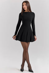 Francesca-Black Stretch Crepe Godet Mini Dress