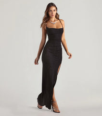 Amirah Formal Glitter Cowl Neck Column Dress-BLACK
