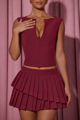 Nada-Layered Pleated Low-Rise Mini Skirt in Wine Red