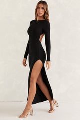 Kiah-Long Sleeve Backless Maxi Dress in Black