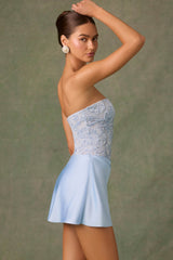 Eden-Embellished Draped Strapless A-Line Mini Dress in Sky Blue