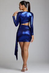 Nasira-Cut Out Metallic Jersey Mini Dress in Electric Blue
