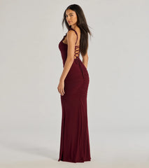 Morgana Lace-Up Ruched Mermaid Dress-BURGUNDY