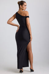 Akeeva-Ruched Asymmetric One-Shoulder Maxi Dress in Black