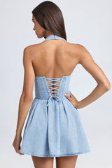 Darcey-Halterneck Corset Micro Mini Dress in Light Blue Stonewash
