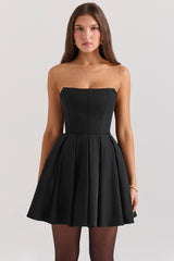 Emmanuela-Black Strapless Detachable Bow Mini Dress