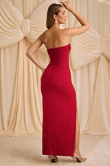 La Rochette-Embellished Strapless Cowl-Neck Maxi Dress in True Red