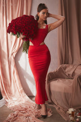Colette-Scarlet Satin Low Waist Midi Skirt