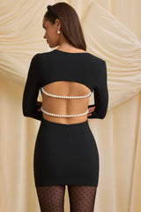 Akari-Pearl-Detail Cut-Out Mini Dress in Black