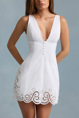 Calina-Cutwork Cotton-Poplin A-Line Mini Dress in White